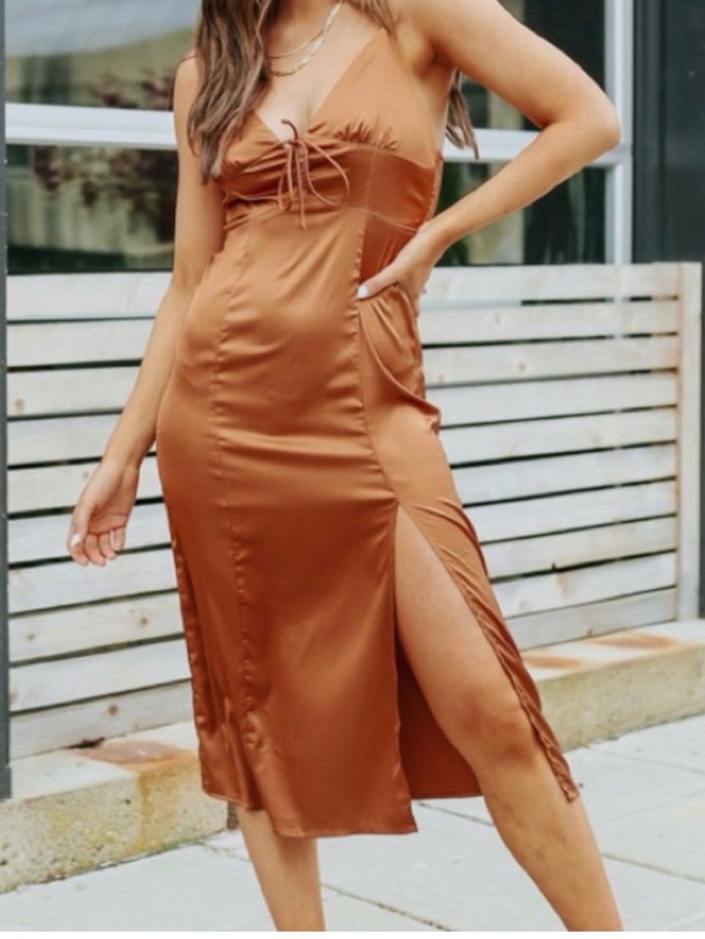 Slip Midi Dress with Front Tie in Copper
